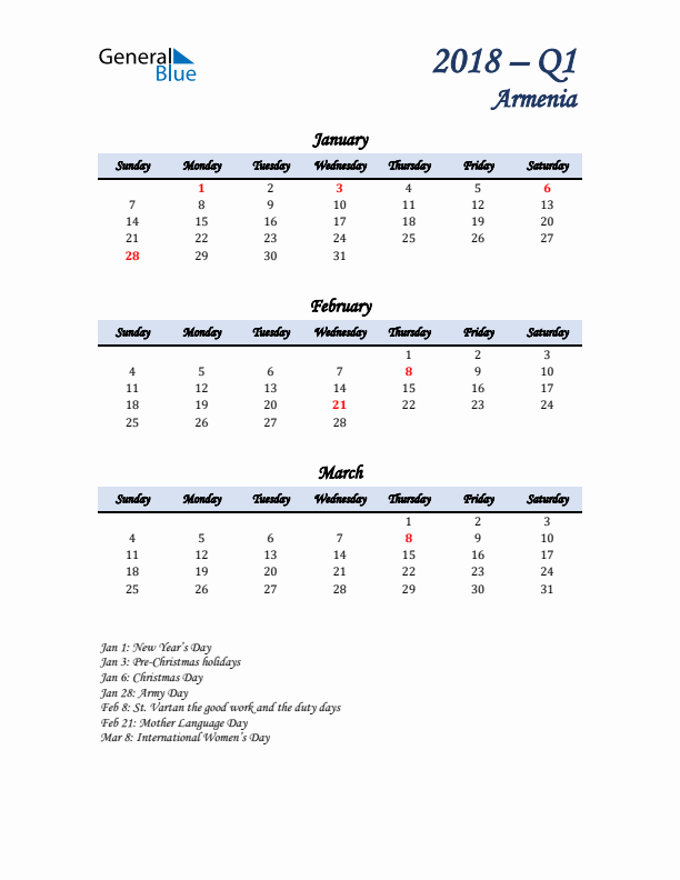 January, February, and March Calendar for Armenia with Sunday Start