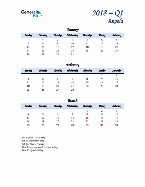 January, February, and March Calendar for Angola with Sunday Start