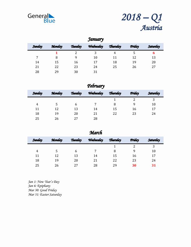 January, February, and March Calendar for Austria with Sunday Start