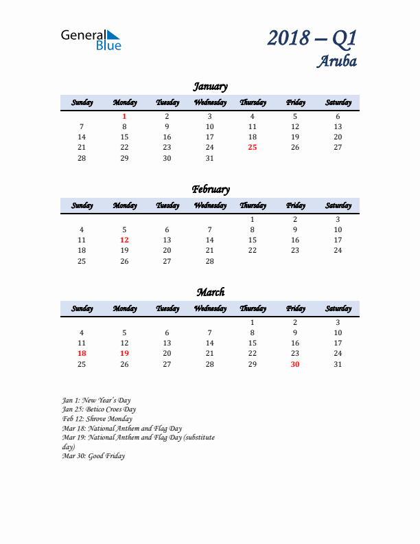 January, February, and March Calendar for Aruba with Sunday Start