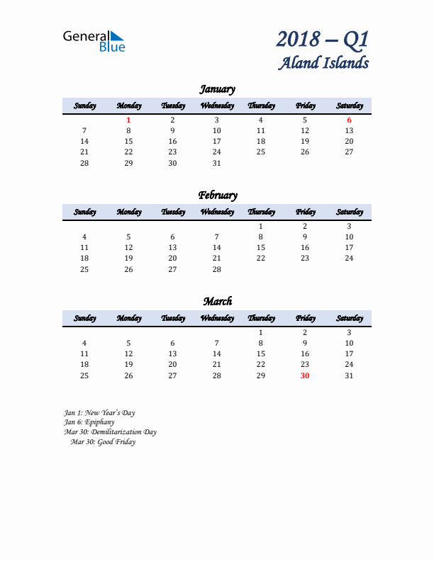 January, February, and March Calendar for Aland Islands with Sunday Start