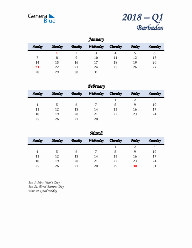 January, February, and March Calendar for Barbados with Sunday Start