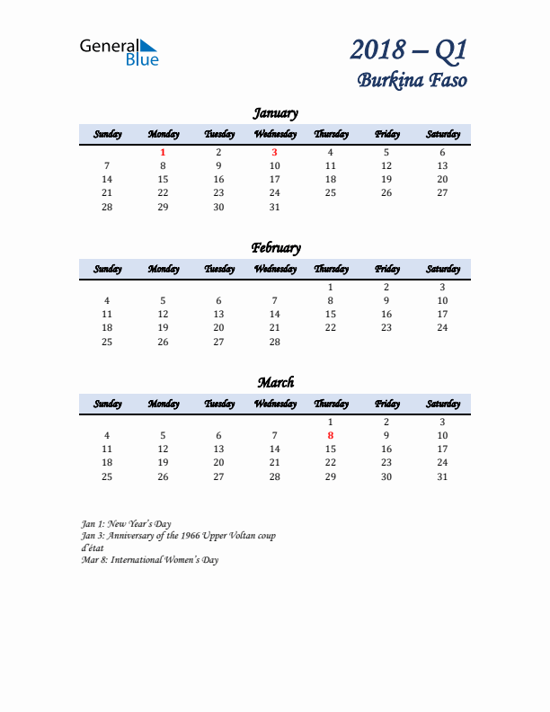 January, February, and March Calendar for Burkina Faso with Sunday Start