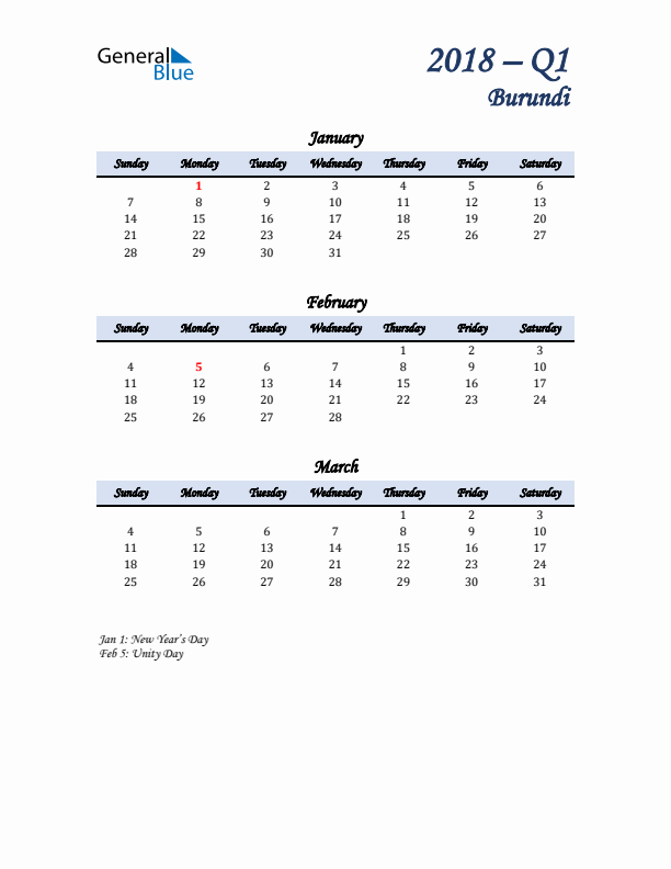 January, February, and March Calendar for Burundi with Sunday Start