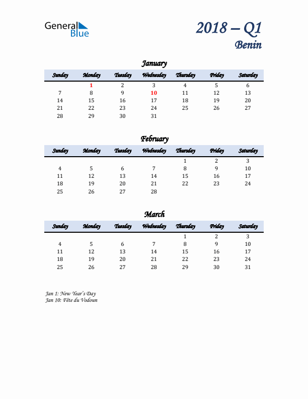 January, February, and March Calendar for Benin with Sunday Start