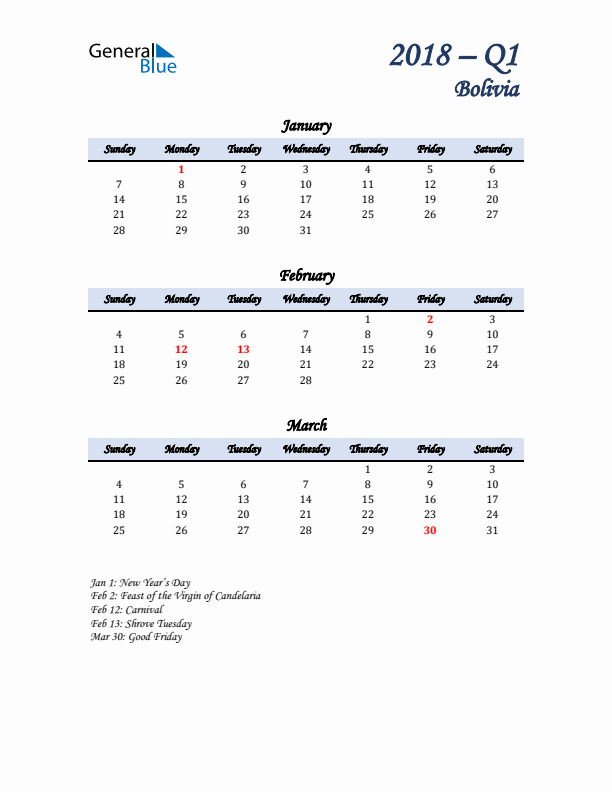 January, February, and March Calendar for Bolivia with Sunday Start