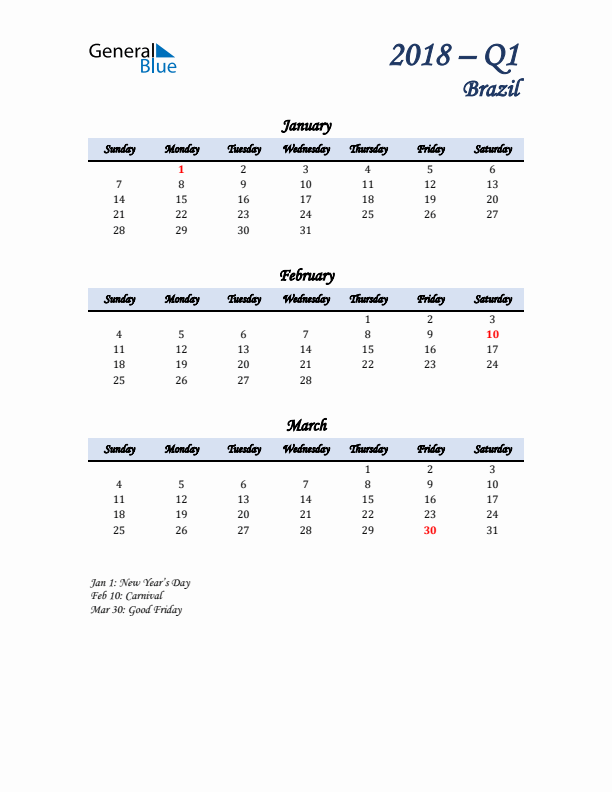 January, February, and March Calendar for Brazil with Sunday Start