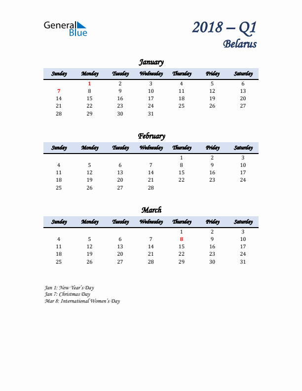 January, February, and March Calendar for Belarus with Sunday Start