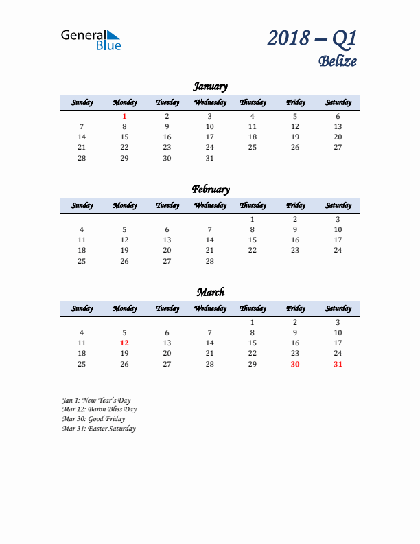 January, February, and March Calendar for Belize with Sunday Start