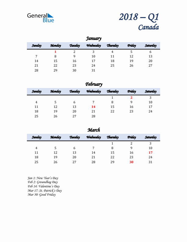 January, February, and March Calendar for Canada with Sunday Start