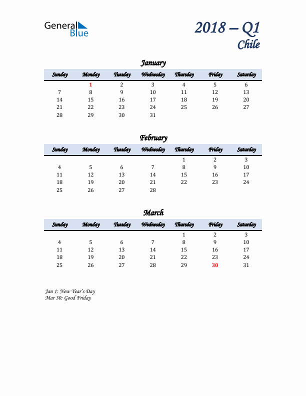 January, February, and March Calendar for Chile with Sunday Start