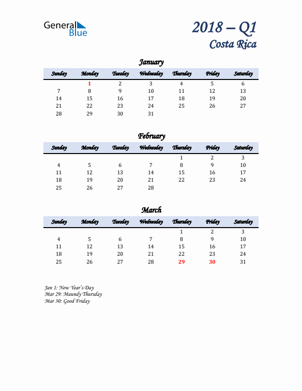 January, February, and March Calendar for Costa Rica with Sunday Start