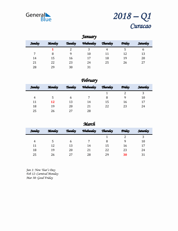 January, February, and March Calendar for Curacao with Sunday Start