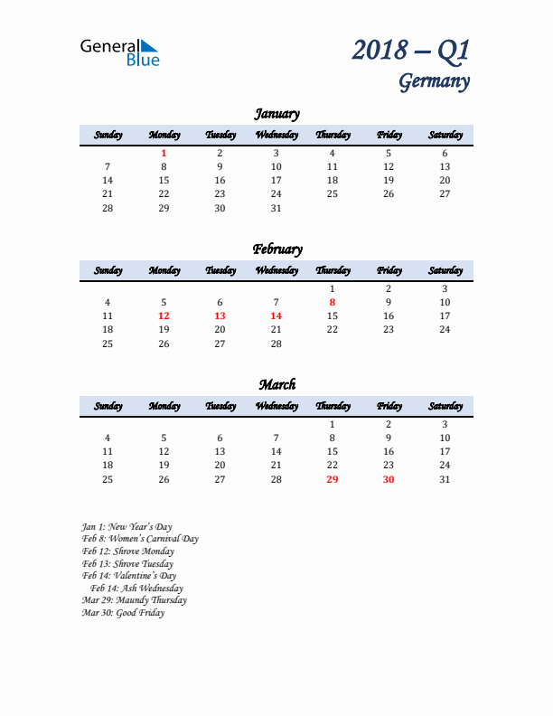 January, February, and March Calendar for Germany with Sunday Start