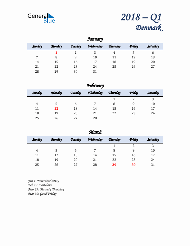 January, February, and March Calendar for Denmark with Sunday Start