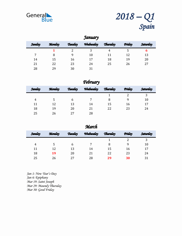 January, February, and March Calendar for Spain with Sunday Start