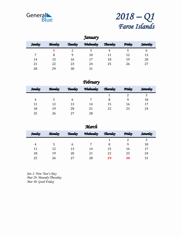 January, February, and March Calendar for Faroe Islands with Sunday Start