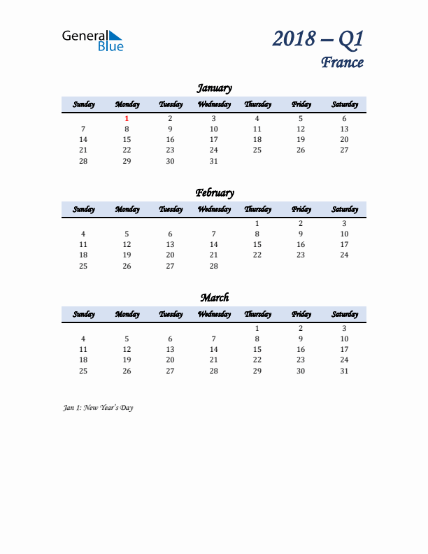 January, February, and March Calendar for France with Sunday Start