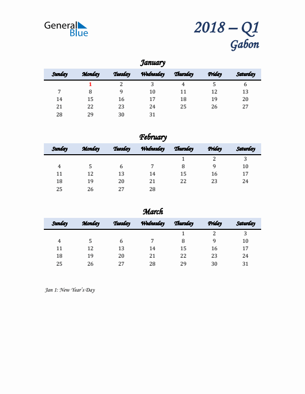 January, February, and March Calendar for Gabon with Sunday Start