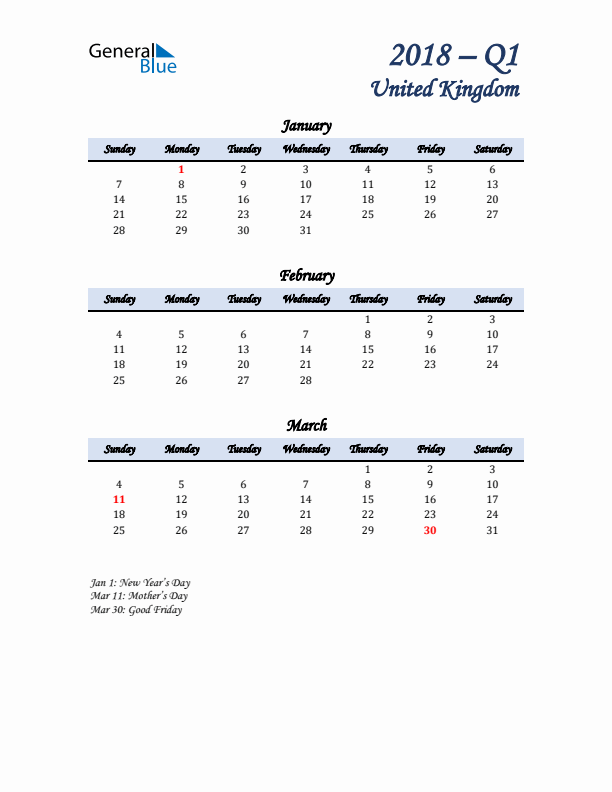 January, February, and March Calendar for United Kingdom with Sunday Start