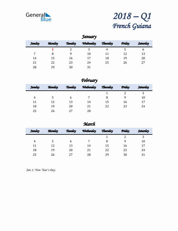 January, February, and March Calendar for French Guiana with Sunday Start