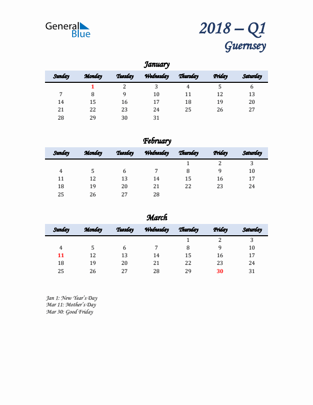 January, February, and March Calendar for Guernsey with Sunday Start