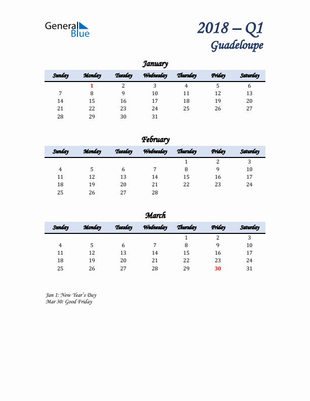 January, February, and March Calendar for Guadeloupe with Sunday Start