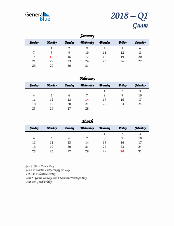 January, February, and March Calendar for Guam with Sunday Start