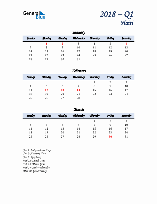 January, February, and March Calendar for Haiti with Sunday Start