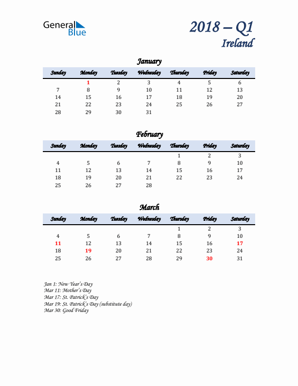 January, February, and March Calendar for Ireland with Sunday Start