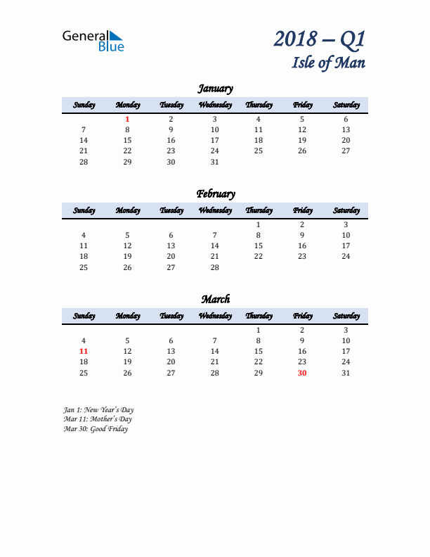 January, February, and March Calendar for Isle of Man with Sunday Start