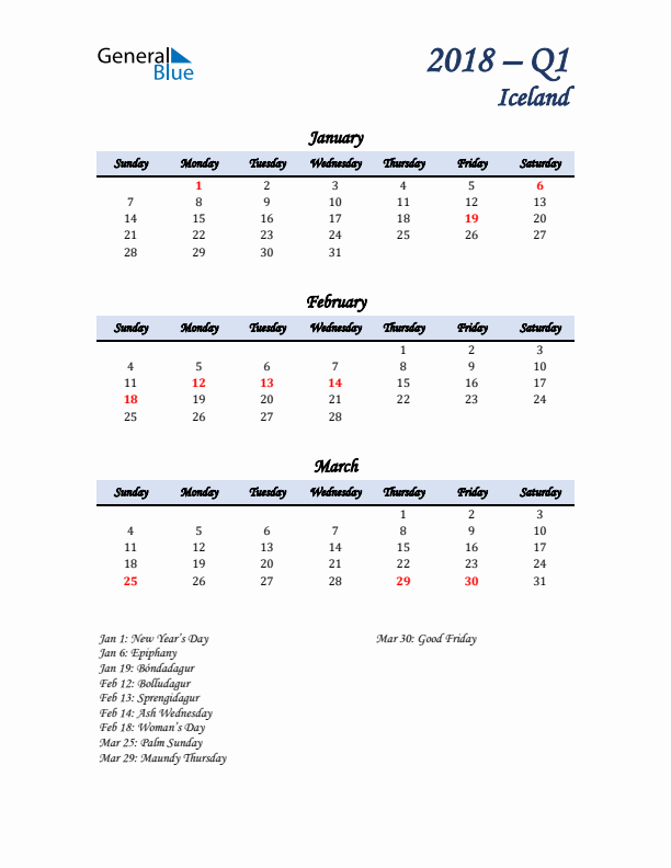 January, February, and March Calendar for Iceland with Sunday Start