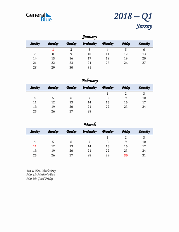 January, February, and March Calendar for Jersey with Sunday Start