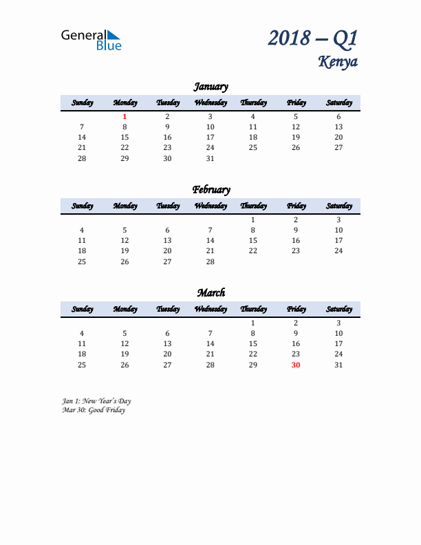 January, February, and March Calendar for Kenya with Sunday Start