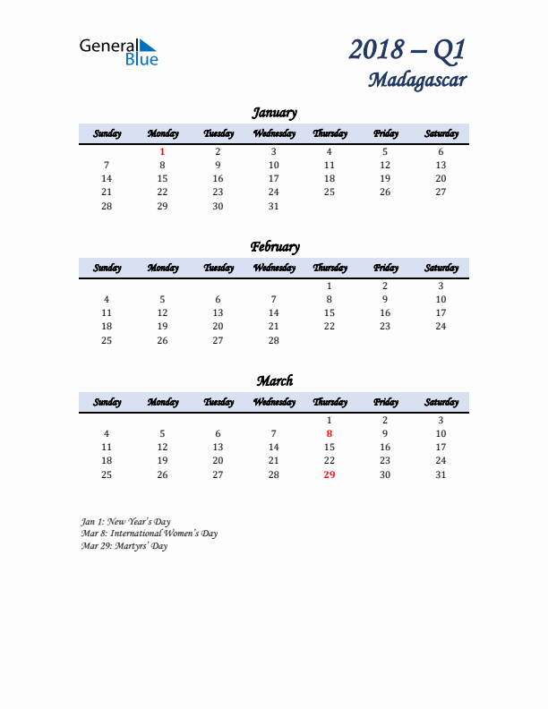 January, February, and March Calendar for Madagascar with Sunday Start