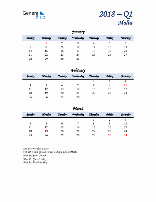 January, February, and March Calendar for Malta with Sunday Start