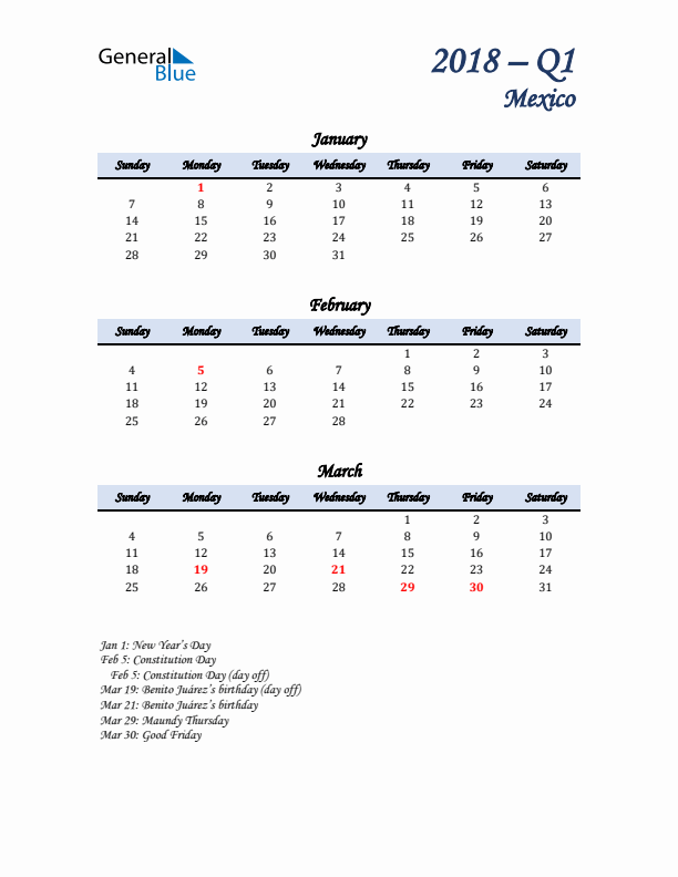 January, February, and March Calendar for Mexico with Sunday Start