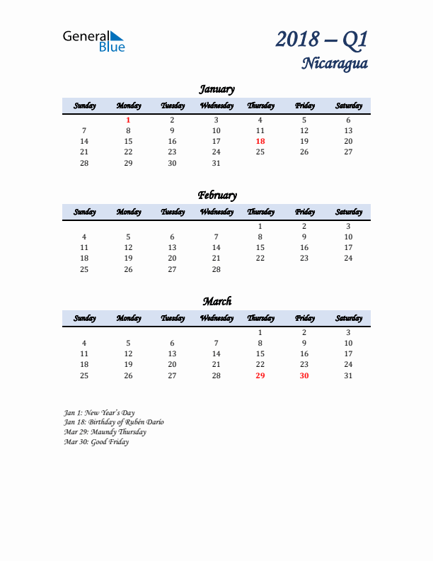 January, February, and March Calendar for Nicaragua with Sunday Start