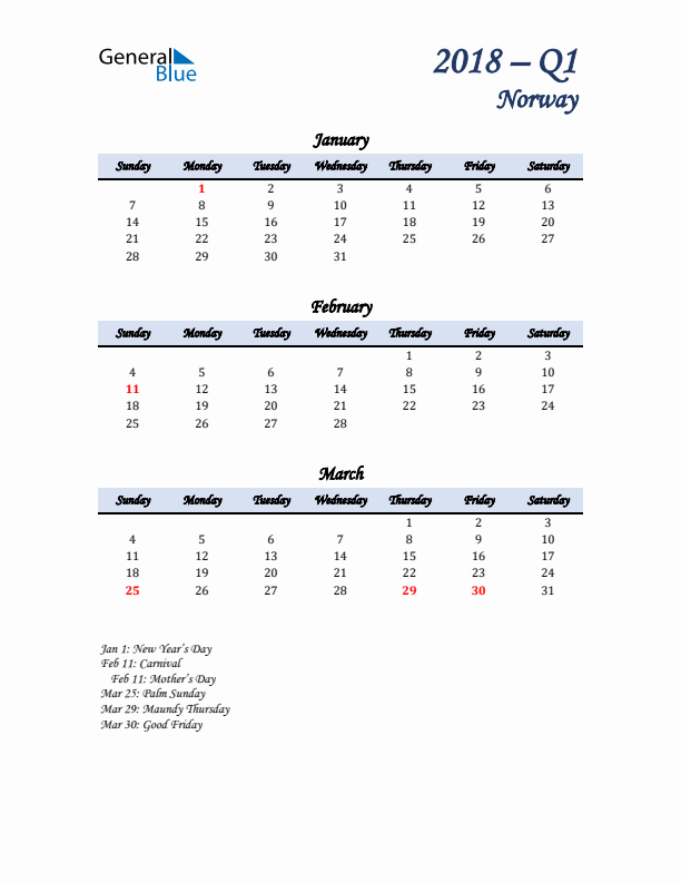 January, February, and March Calendar for Norway with Sunday Start