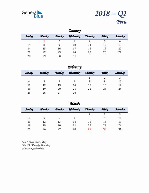 January, February, and March Calendar for Peru with Sunday Start