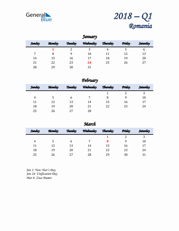 January, February, and March Calendar for Romania with Sunday Start