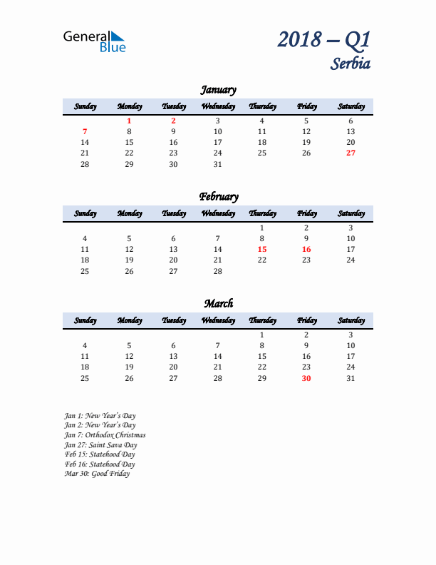 January, February, and March Calendar for Serbia with Sunday Start