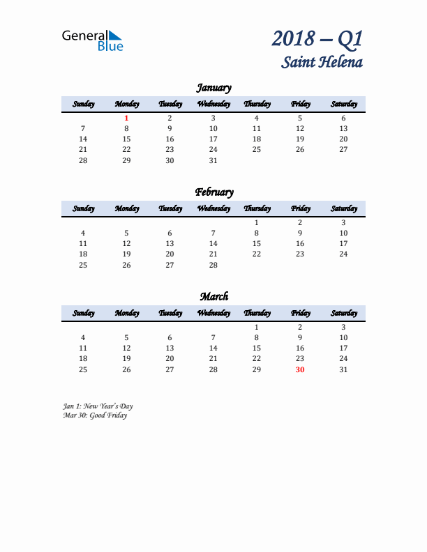 January, February, and March Calendar for Saint Helena with Sunday Start