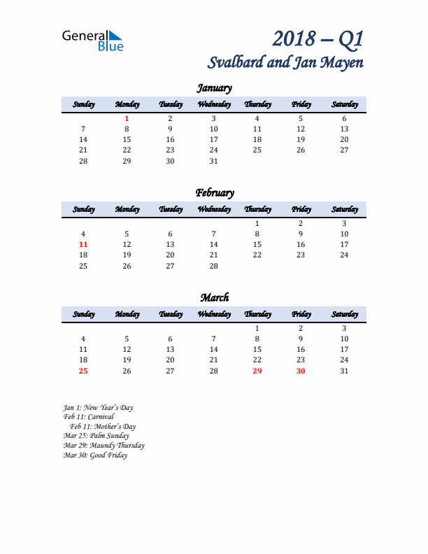 January, February, and March Calendar for Svalbard and Jan Mayen with Sunday Start