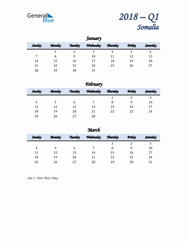 January, February, and March Calendar for Somalia with Sunday Start