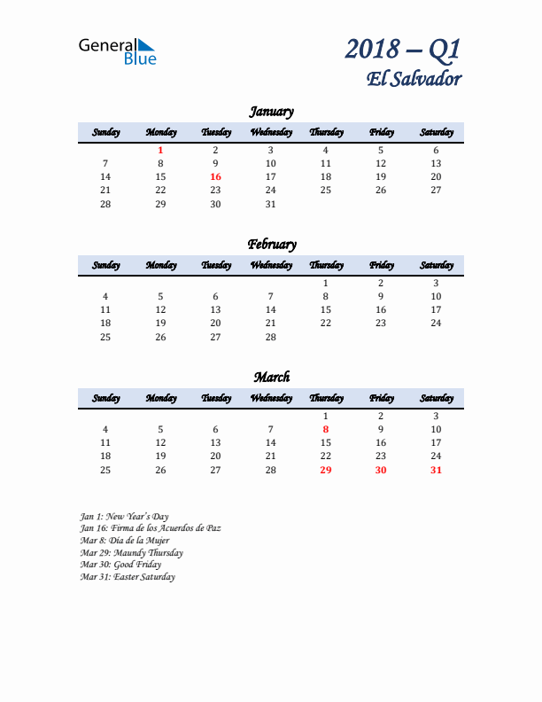 January, February, and March Calendar for El Salvador with Sunday Start