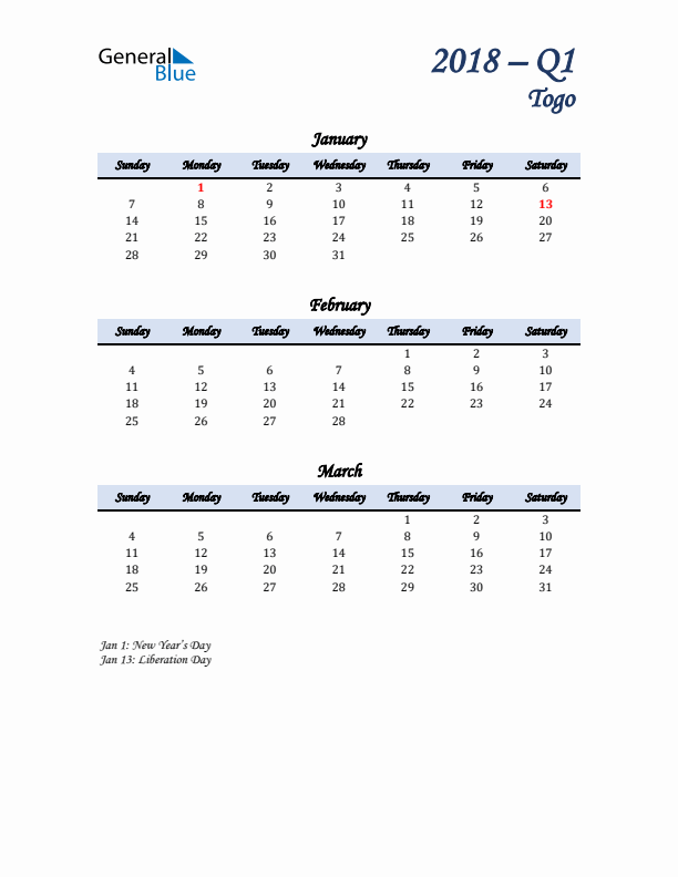 January, February, and March Calendar for Togo with Sunday Start