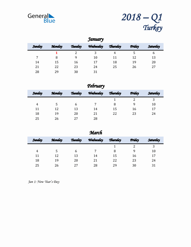 January, February, and March Calendar for Turkey with Sunday Start