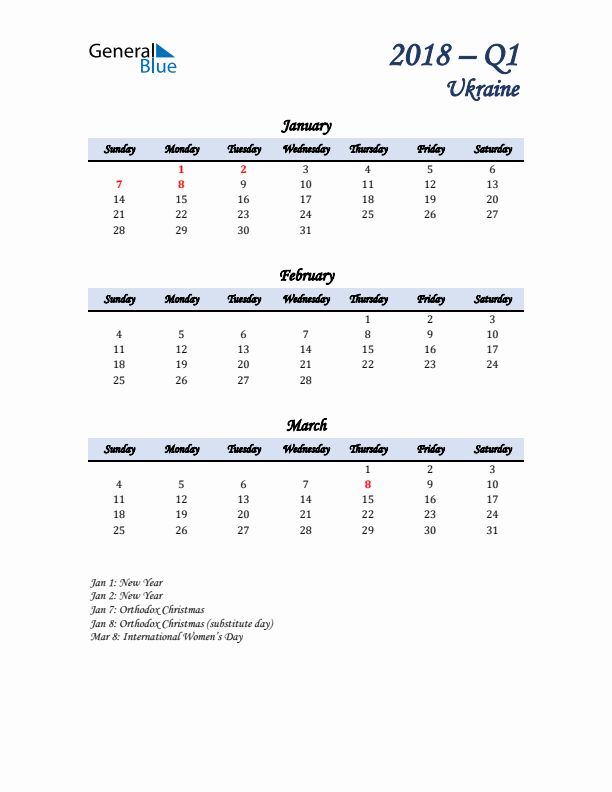 January, February, and March Calendar for Ukraine with Sunday Start