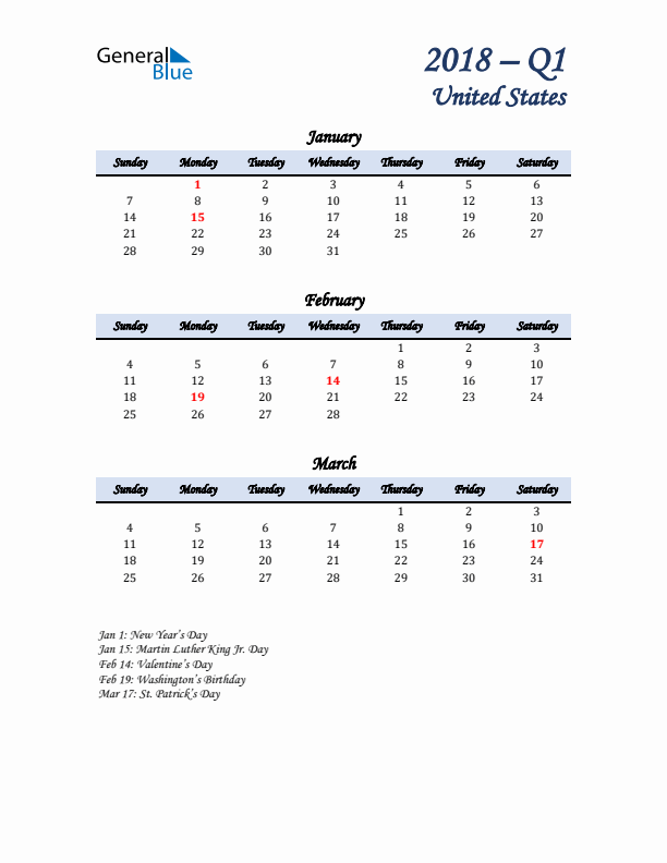 January, February, and March Calendar for United States with Sunday Start